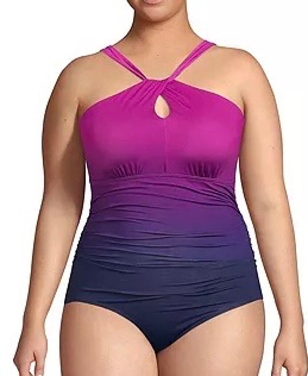 Lands End Purple Ombre High Neck to One Shoulder Multi Way One Piece Swimsuit 2X